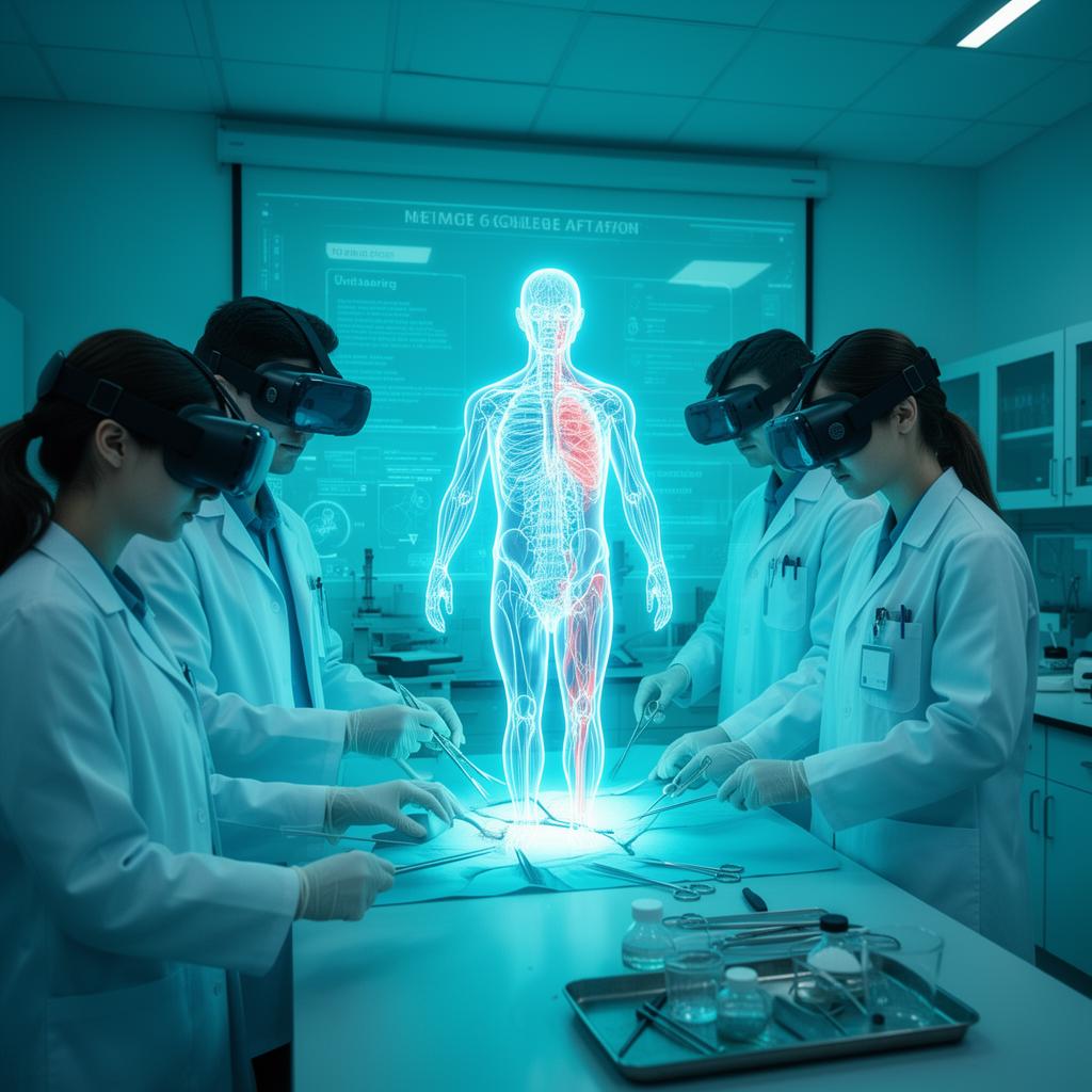 Medical students using VR headsets to practice surgery on a holographic anatomy model